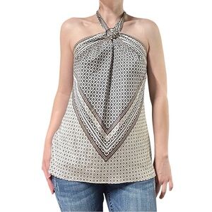 White House Black Market | Y2K Geometric Print Satin Halter Tie Neck Tassel Top